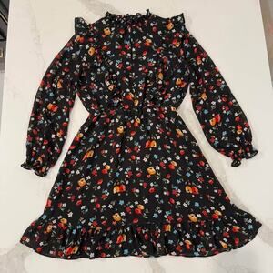 Pomelo Midi Ruffled Black Floral Long Sleeve Dress Womens Small Smocked Neckline